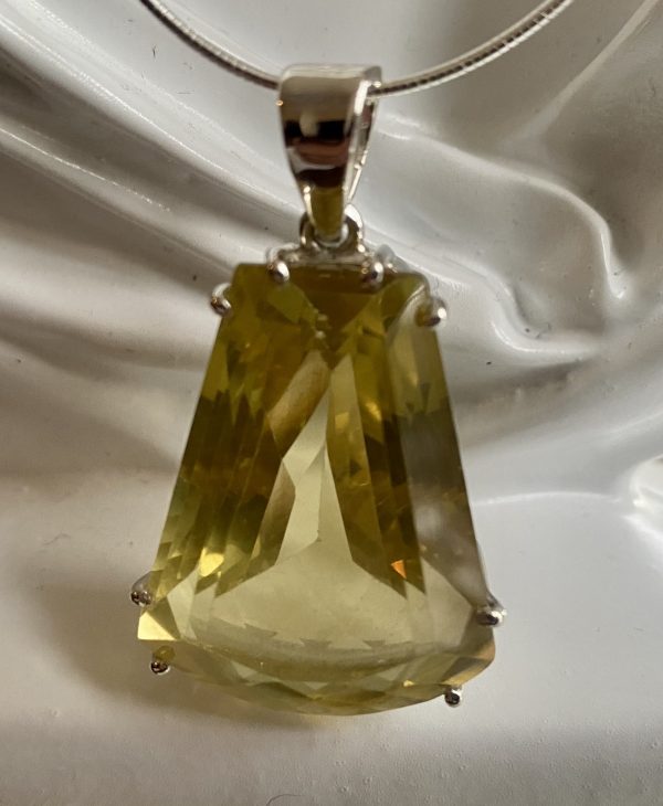 Lemon quartz fancy shape silver pendant - dimensions 28.5mm length x 20mm widest narrowing to 12mm, supplied on 1mm silver omega chain